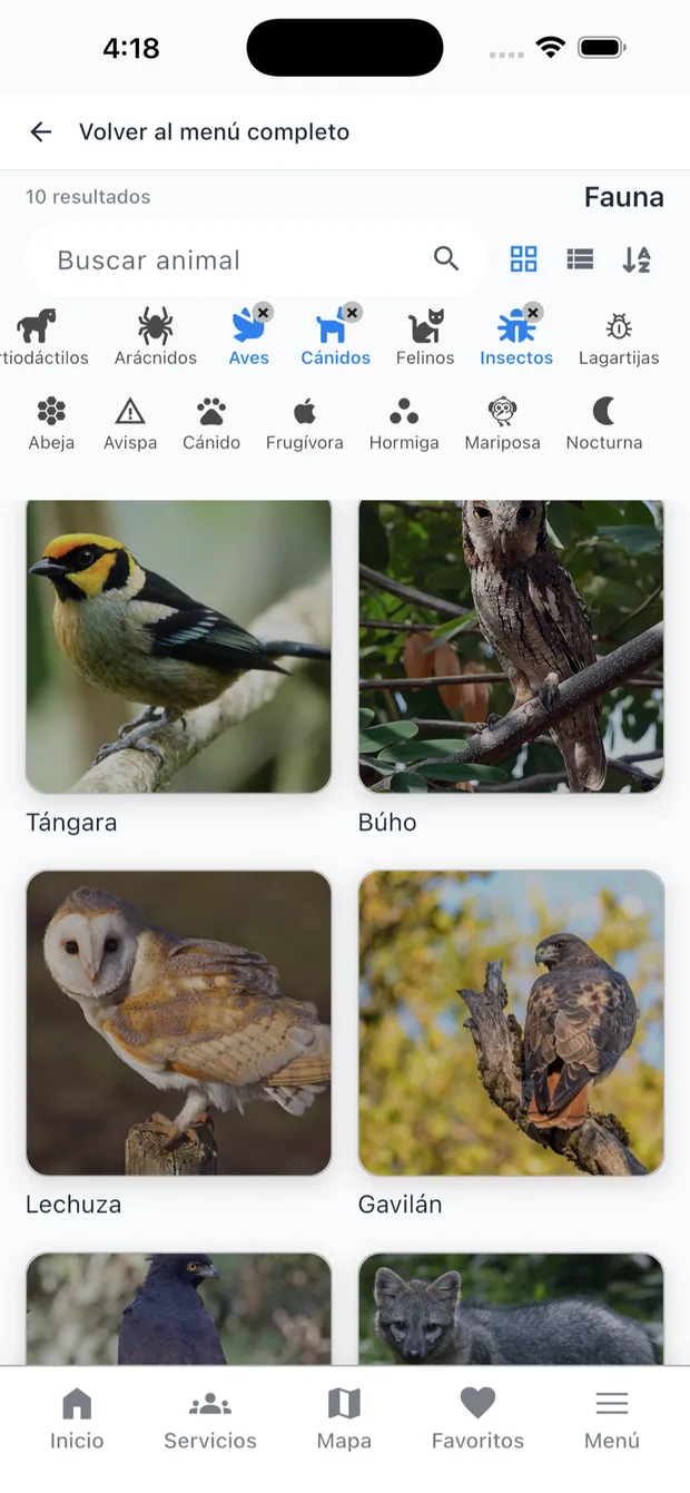 Listado de fauna con filtros por categoría y subtipo