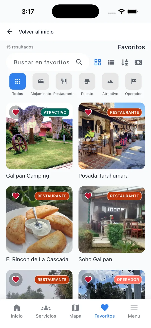 Pantalla de favoritos con lugares guardados de varias categorías