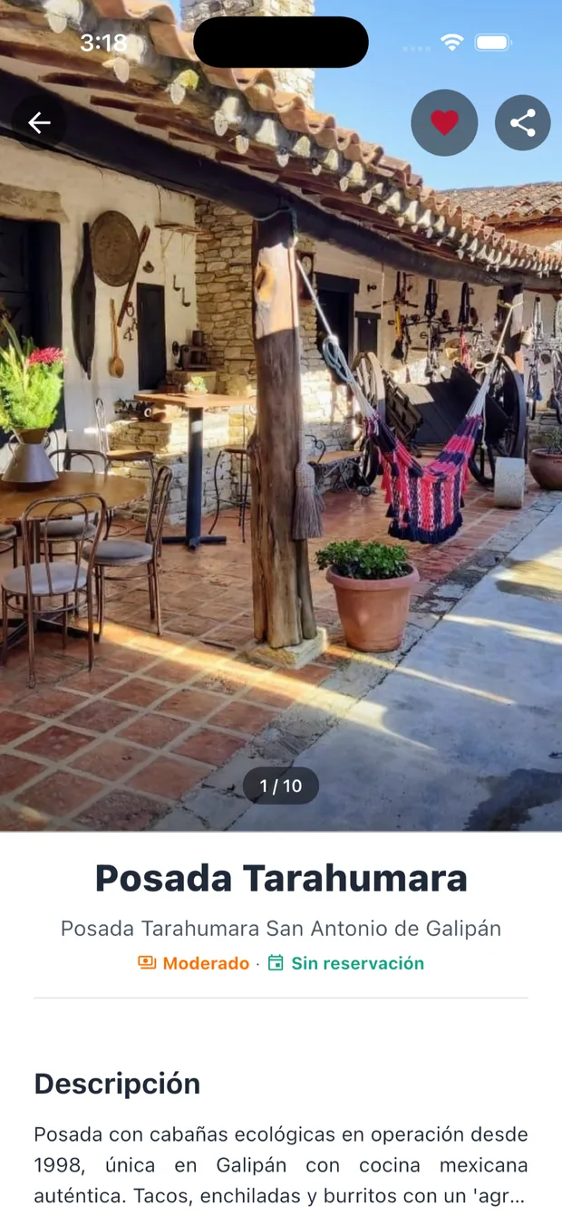 Ficha de una posada con descripción, comodidades y habitaciones
