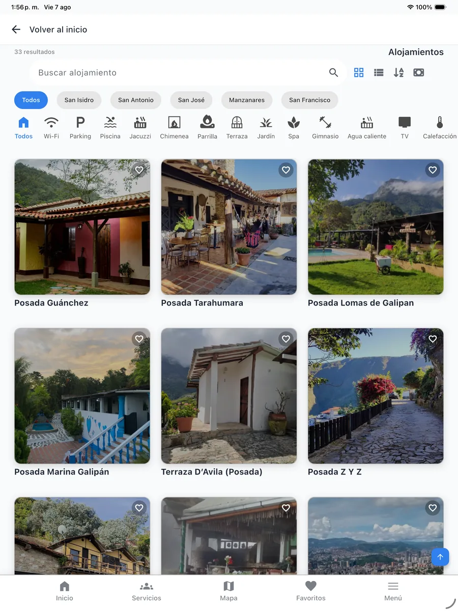 Listado de alojamientos en iPad