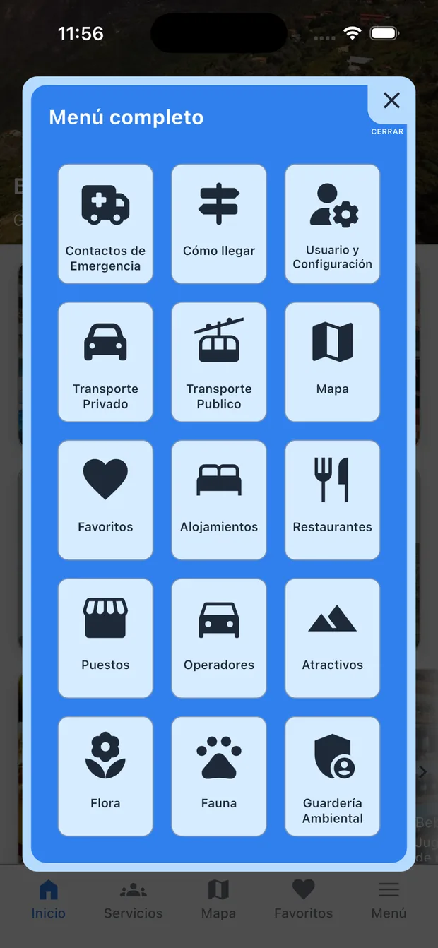 Menú completo de la app con todas las secciones